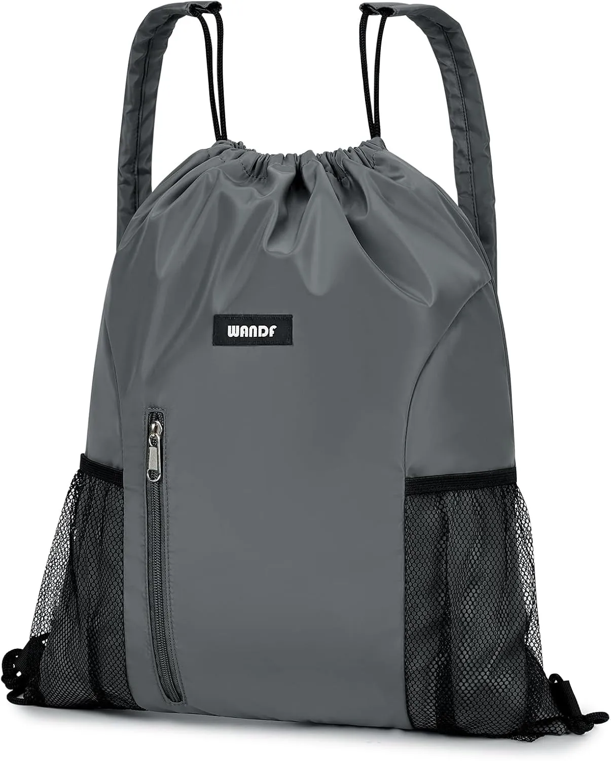 WANDF Drawstring Backpack with Shoulder Pad Sports Gym Backpack with Mesh Pocket String Bag for Women Men(Grey)