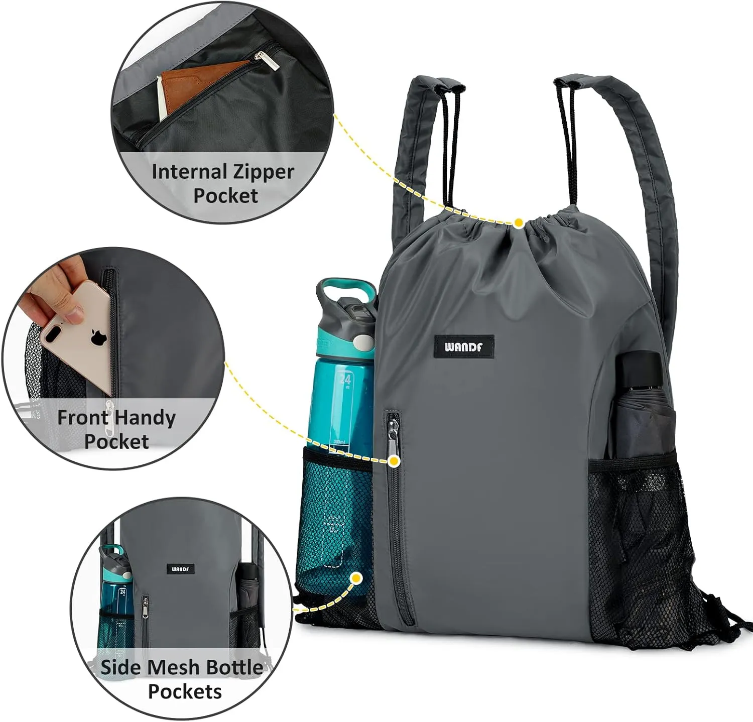 WANDF Drawstring Backpack with Shoulder Pad Sports Gym Backpack with Mesh Pocket String Bag for Women Men(Grey)