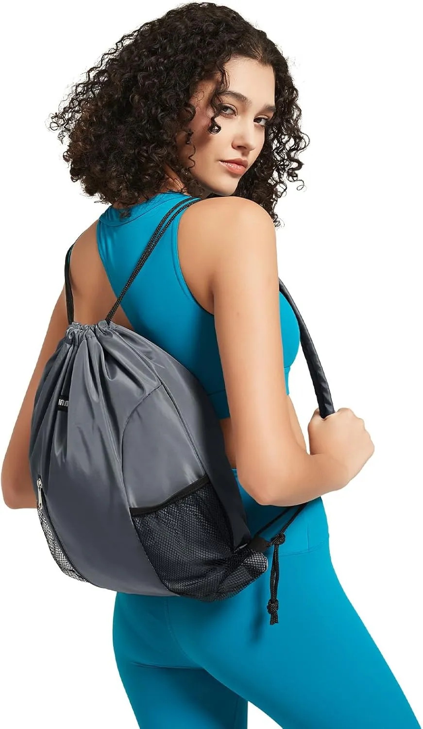 WANDF Drawstring Backpack with Shoulder Pad Sports Gym Backpack with Mesh Pocket String Bag for Women Men(Grey)