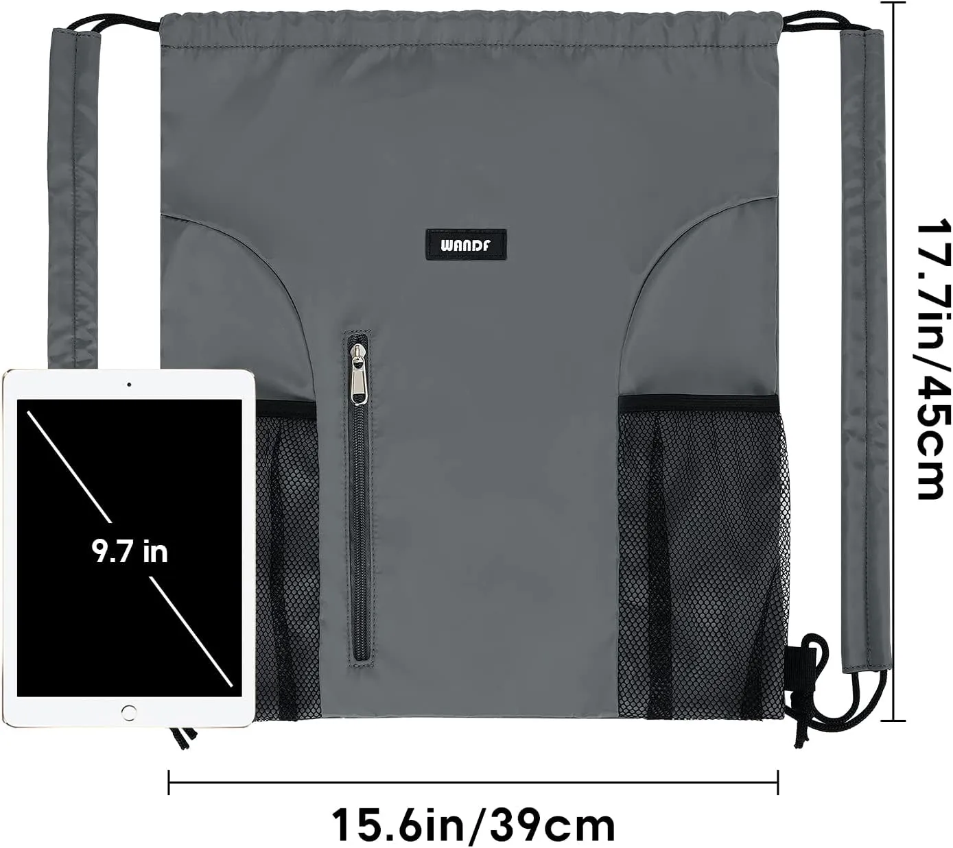 WANDF Drawstring Backpack with Shoulder Pad Sports Gym Backpack with Mesh Pocket String Bag for Women Men(Grey)