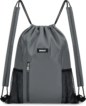 WANDF Drawstring Backpack with Shoulder Pad Sports Gym Backpack with Mesh Pocket String Bag for Women Men(Grey)