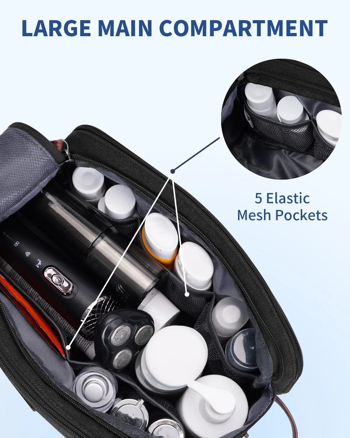 WANDF Toiletry Bag for Men Travel Toiletry Organizer Canvas and Leather Dopp Kit Water-Resistant Shaving Bag for Travel Accessories (Black, Patent Pending)