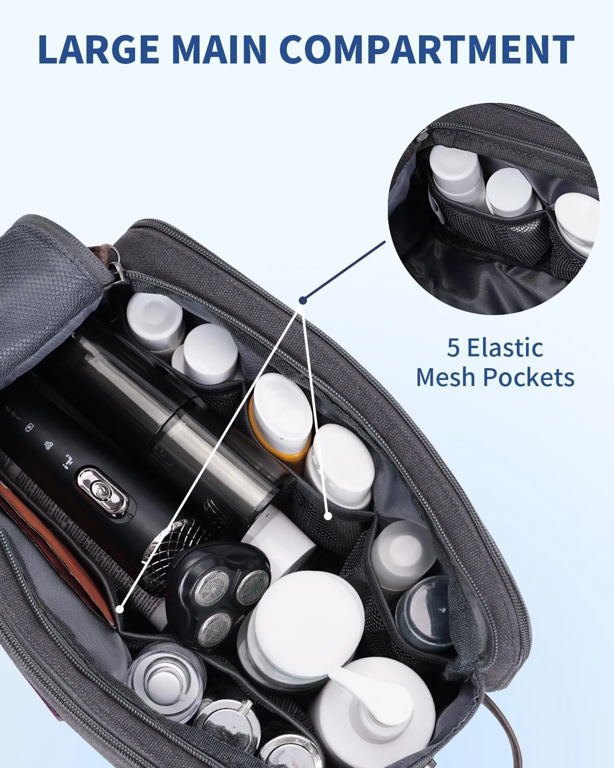 WANDF Toiletry Bag for Men Travel Toiletry Organizer Canvas and Leather Dopp Kit Water-Resistant Shaving Bag for Travel Accessories (Grey, Patent Pending)