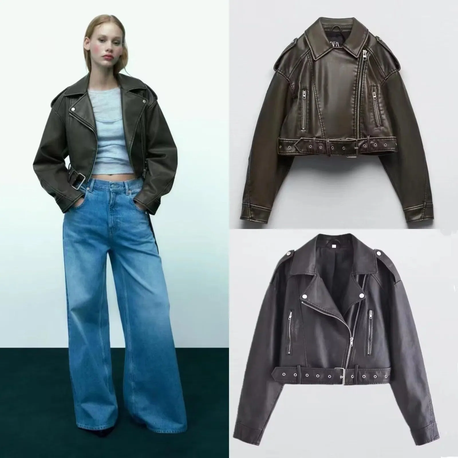 Washed Faux Leather Short Zipper Fashion Jacket