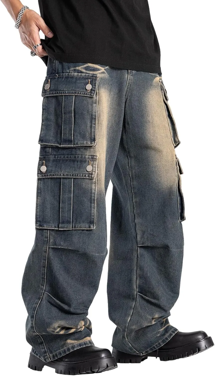 Washed Vintage Loose Fit Baggy Street Style Hip Hop Cargo Jeans Denim Pants
