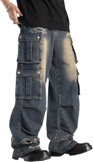 Washed Vintage Loose Fit Baggy Street Style Hip Hop Cargo Jeans Denim Pants