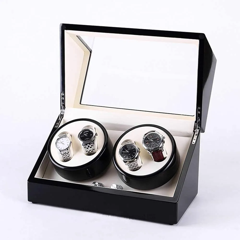 Watch Winder Box 4 Wood Shell Piano Paint Exterior 4 Rotation Mode Setting Extremely Silent Motor Watches (Black B)