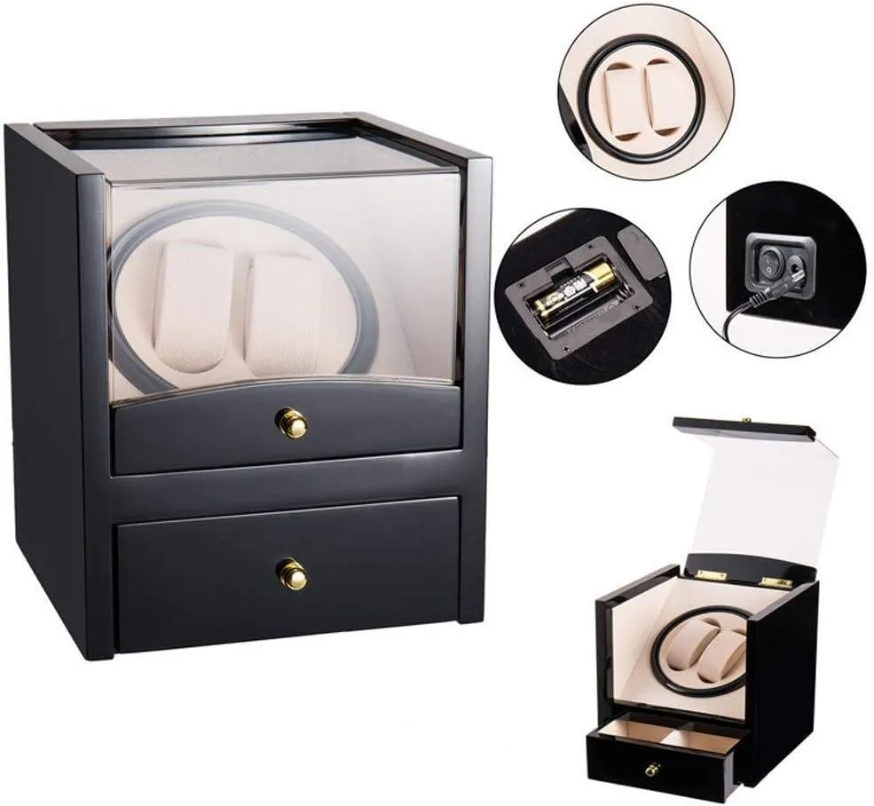 Watch Winders Automatic Watch Winder Box Automatic Mechanical Watches Box 2 Wrist Watches   2 Storage Case Drawer Rotating Electric Winding Box