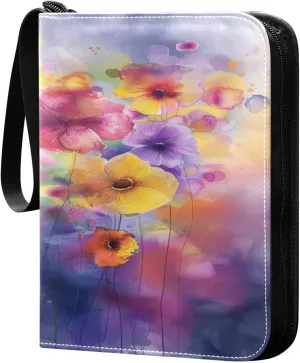 Watercolor Flowers Painting Card Binder 4-Pocket, 400 Pockets Trading Cards Holder Games Card Albums Storage Organizer Case for Football, Baseball Cards