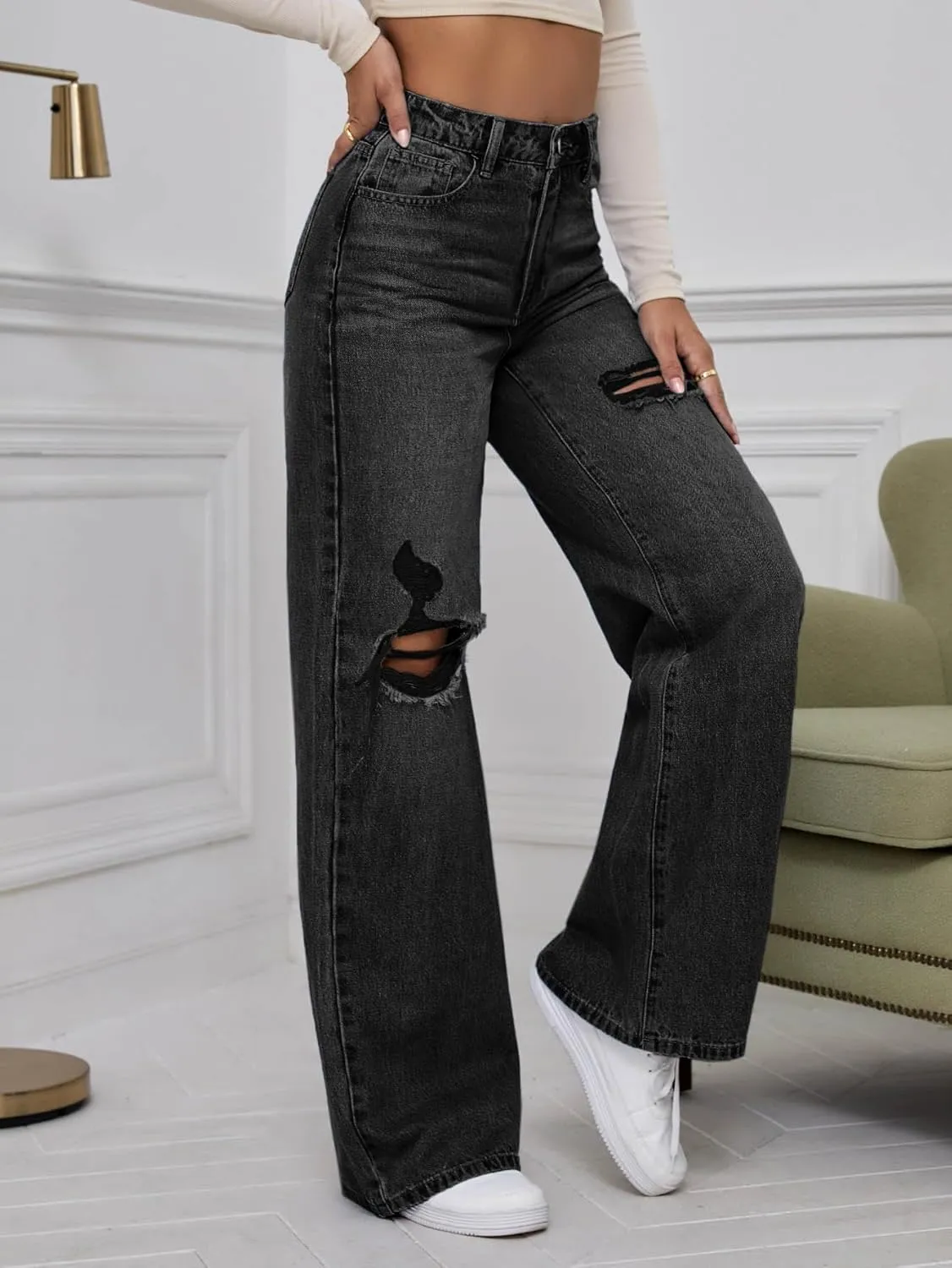 WDIRARA Women's High Waist Ripped Wide Leg Baggy Jeans Distressed Denim Pants
