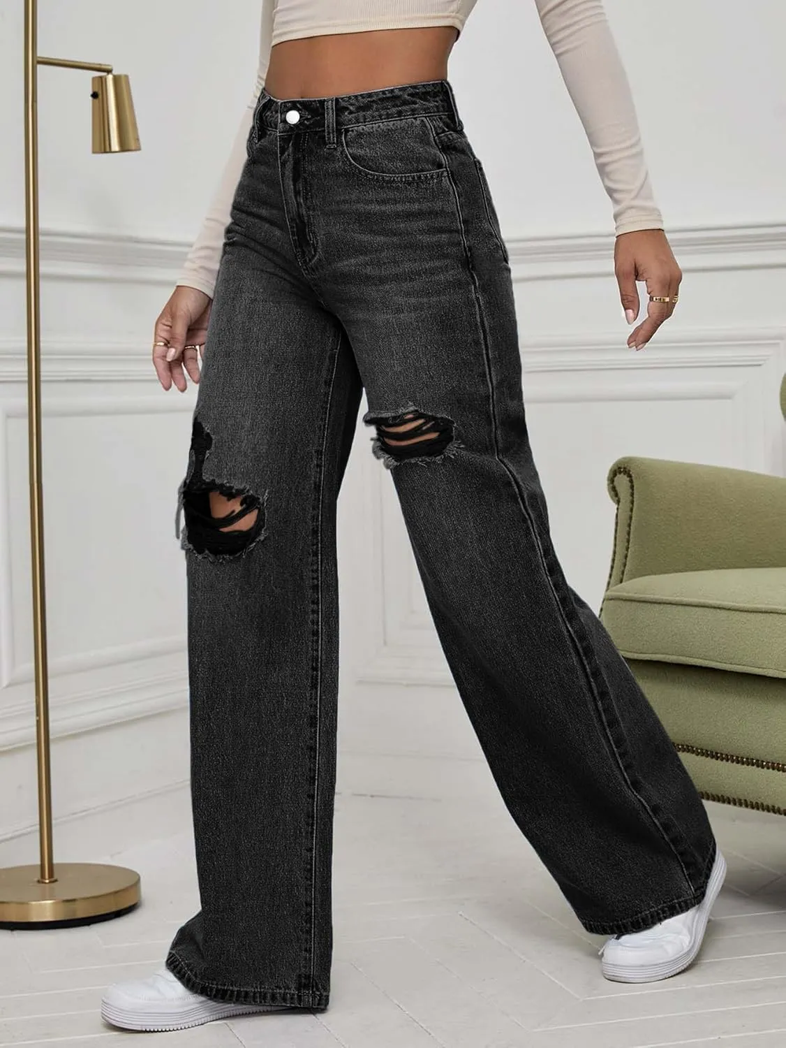 WDIRARA Women's High Waist Ripped Wide Leg Baggy Jeans Distressed Denim Pants