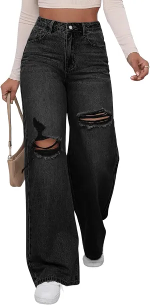 WDIRARA Women's High Waist Ripped Wide Leg Baggy Jeans Distressed Denim Pants