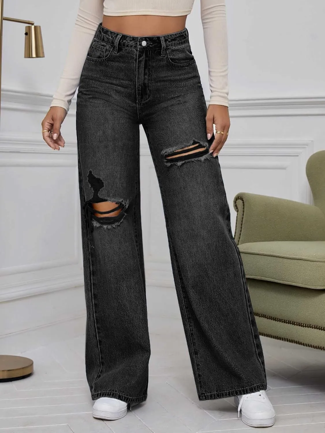 WDIRARA Women's High Waist Ripped Wide Leg Baggy Jeans Distressed Denim Pants