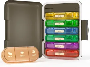 Weekly Pill Organizer 3X a Day, 7 Day Pill Box 3 Times, Portable for Travel Pill Case for Pills/Vitamin/Fish Oil/Medication/Supplements (3x7 Black Rainbow)