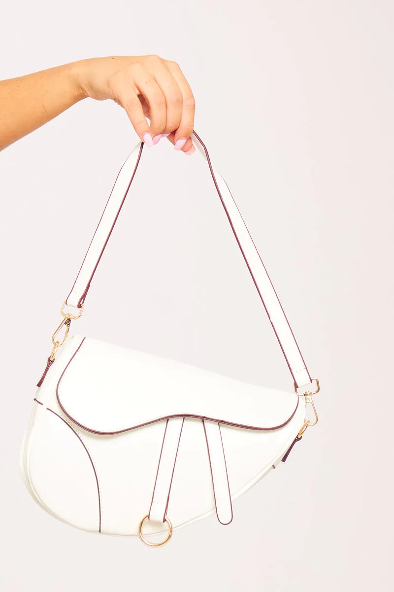 White Faux Leather Saddle Bag With Strap