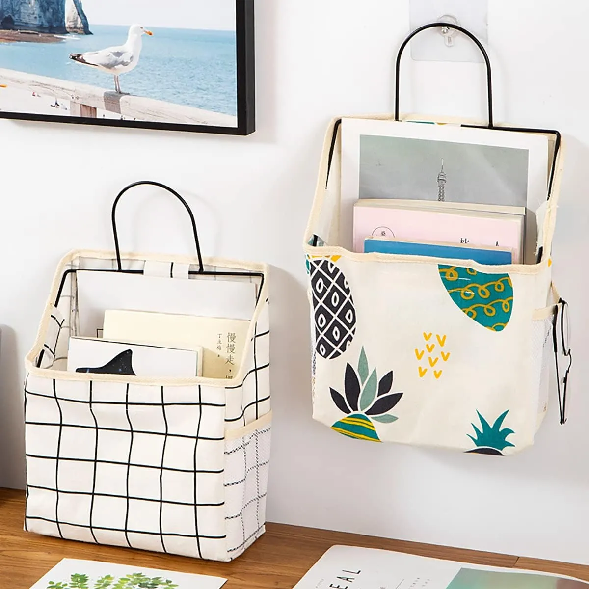 White Grid Hanging Storage Basket Bag Cotton Linen Family Organizer Over The Door Organizer Storage Shelves with Hook Pockets Wall Hanging Storage Caddy Bag for Bathroom Bedroom Kitchen -2 Pack
