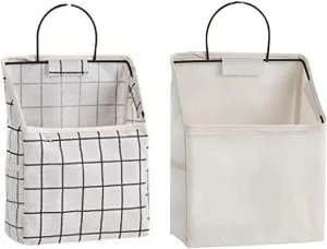 White Grid Hanging Storage Basket Bag Cotton Linen Family Organizer Over The Door Organizer Storage Shelves with Hook Pockets Wall Hanging Storage Caddy Bag for Bathroom Bedroom Kitchen -2 Pack