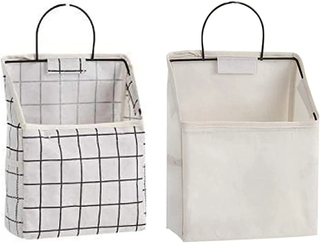 White Grid Hanging Storage Basket Bag Cotton Linen Family Organizer Over The Door Organizer Storage Shelves with Hook Pockets Wall Hanging Storage Caddy Bag for Bathroom Bedroom Kitchen -2 Pack