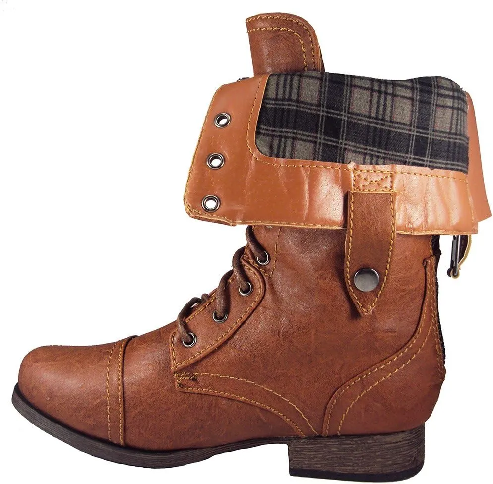 Wild Diva Women Jetta-25F Lace Up Combat Military Boots With Foldable Cuff