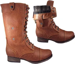Wild Diva Women Jetta-25F Lace Up Combat Military Boots With Foldable Cuff