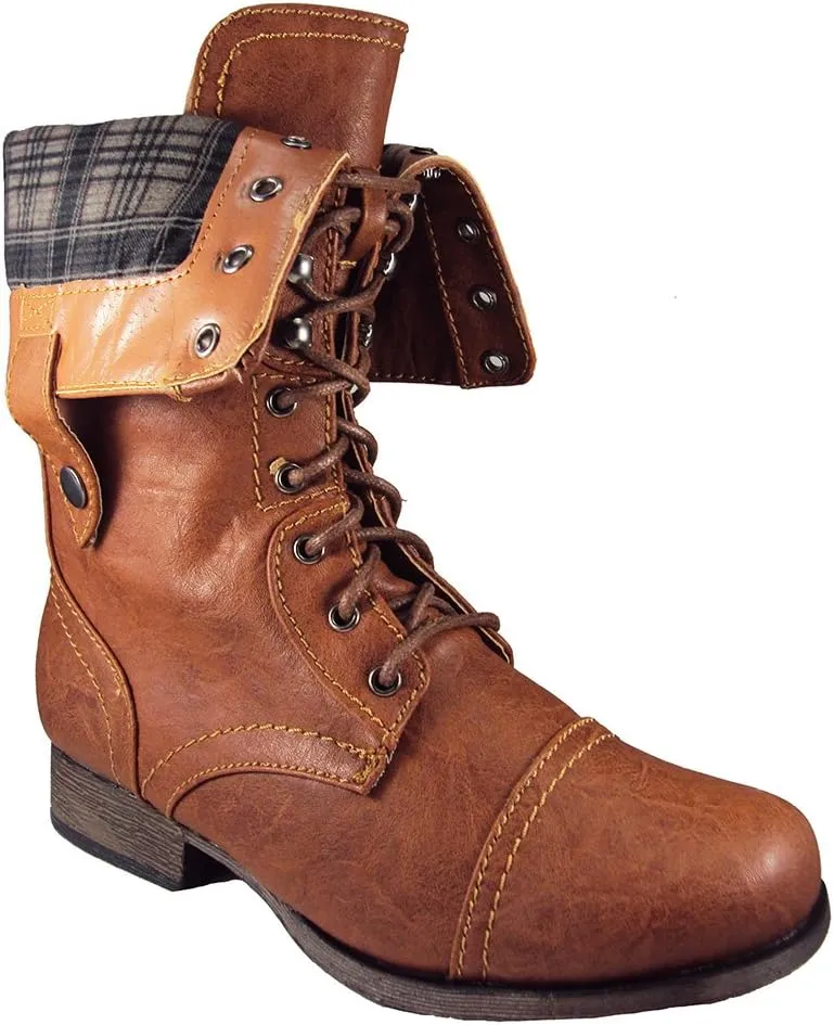 Wild Diva Women Jetta-25F Lace Up Combat Military Boots With Foldable Cuff