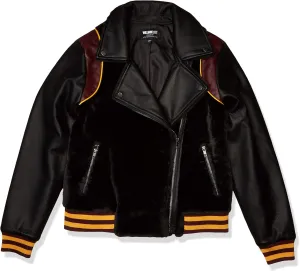 William Rast Women's Noelie Varsity Moto Jacket with Vegan Fur, Jet Black, Medium