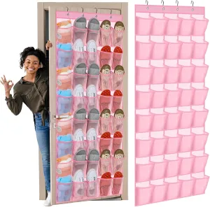 Windyun 40 Large Over the Door Hanging Shoe Organizer Pink Mesh Pocket Shoe Rack for Closet Women Behind Door Hanger Storage Holder Nonslip for Dorm Room Storage, Cruise Essentials, Bedroom Decor
