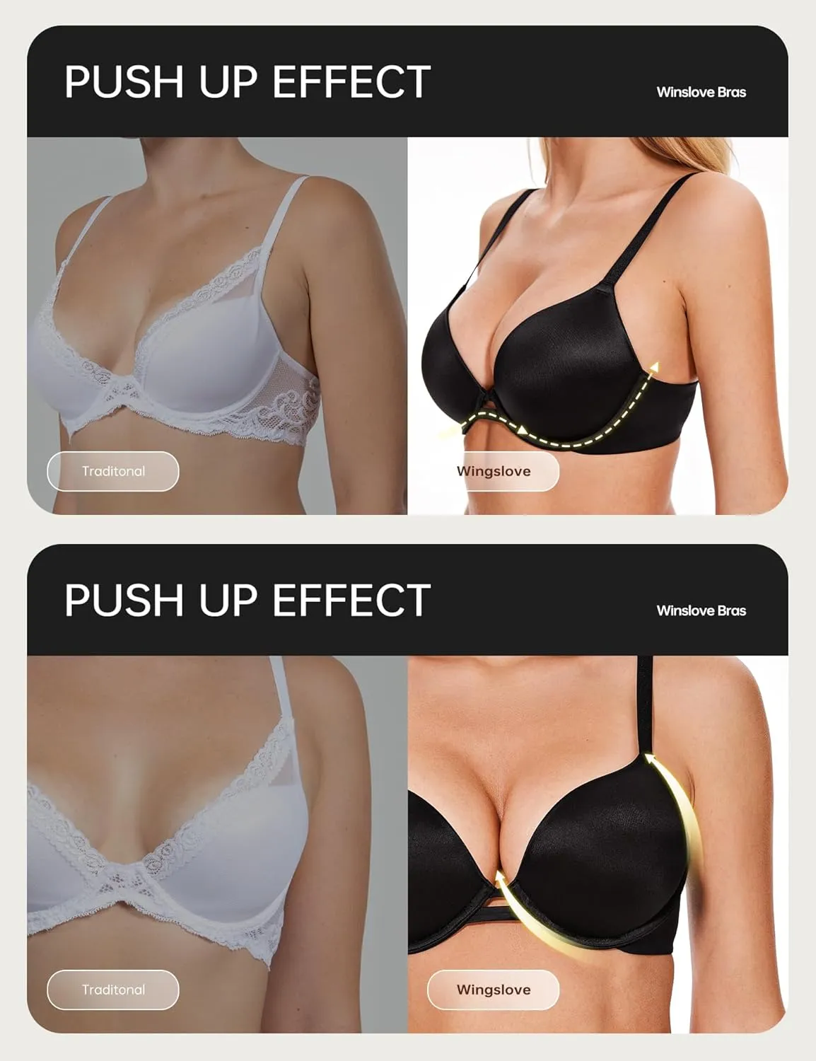 Wingslove Women's Push Up Everyday Basic Comfort Lightly Padded Underwire Plunge T-Shirt Bra Lift Up