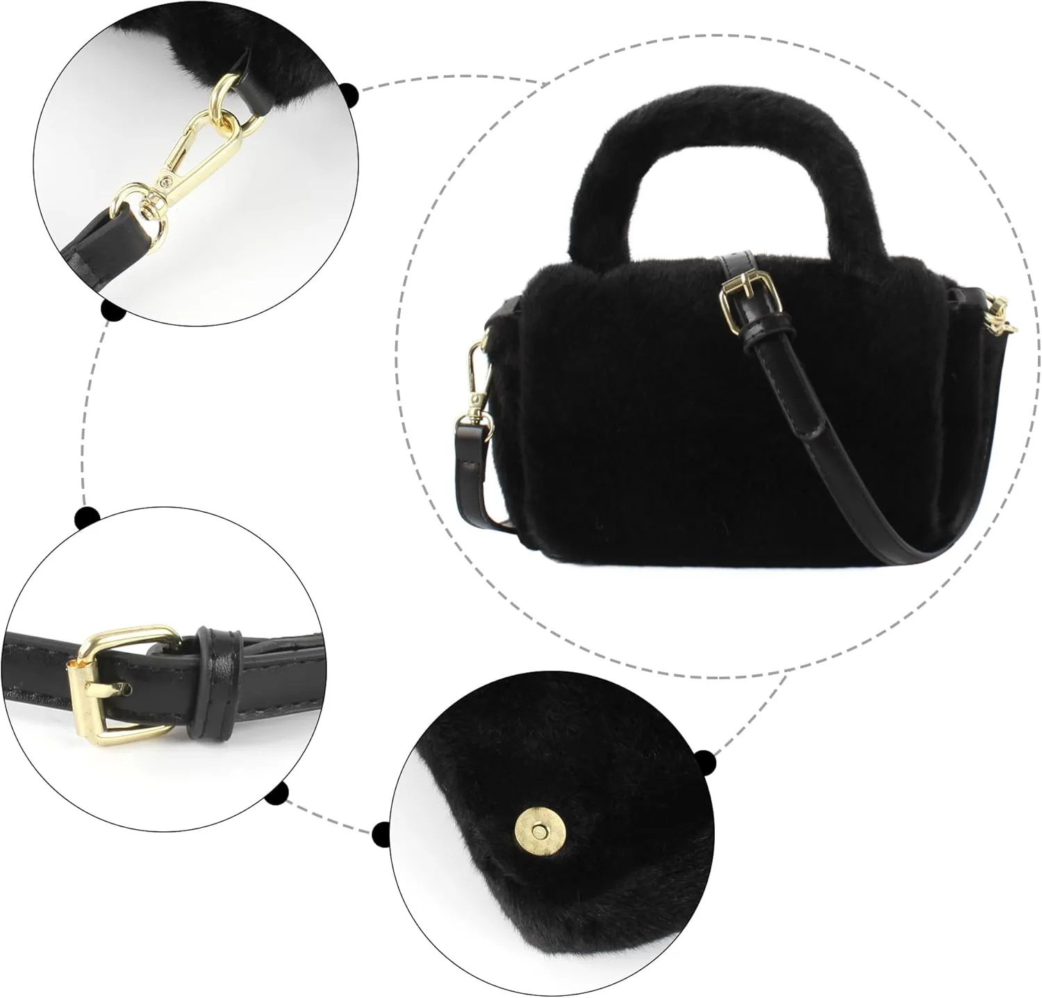 Women Faux Fur Winter Fashion Shoulder Bag Barrel Shape Drawstring Satchel Purse