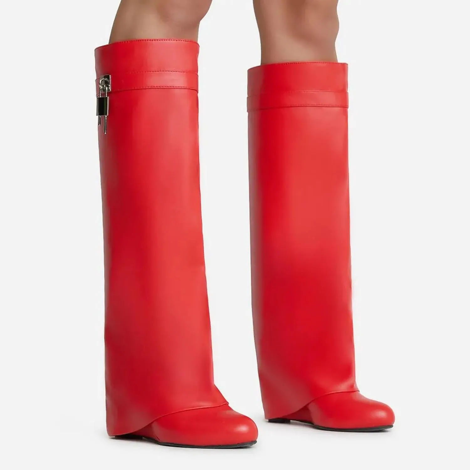 Women Fold Over Wedge Boots Padlock Knee High Fashion Pull On Boots
