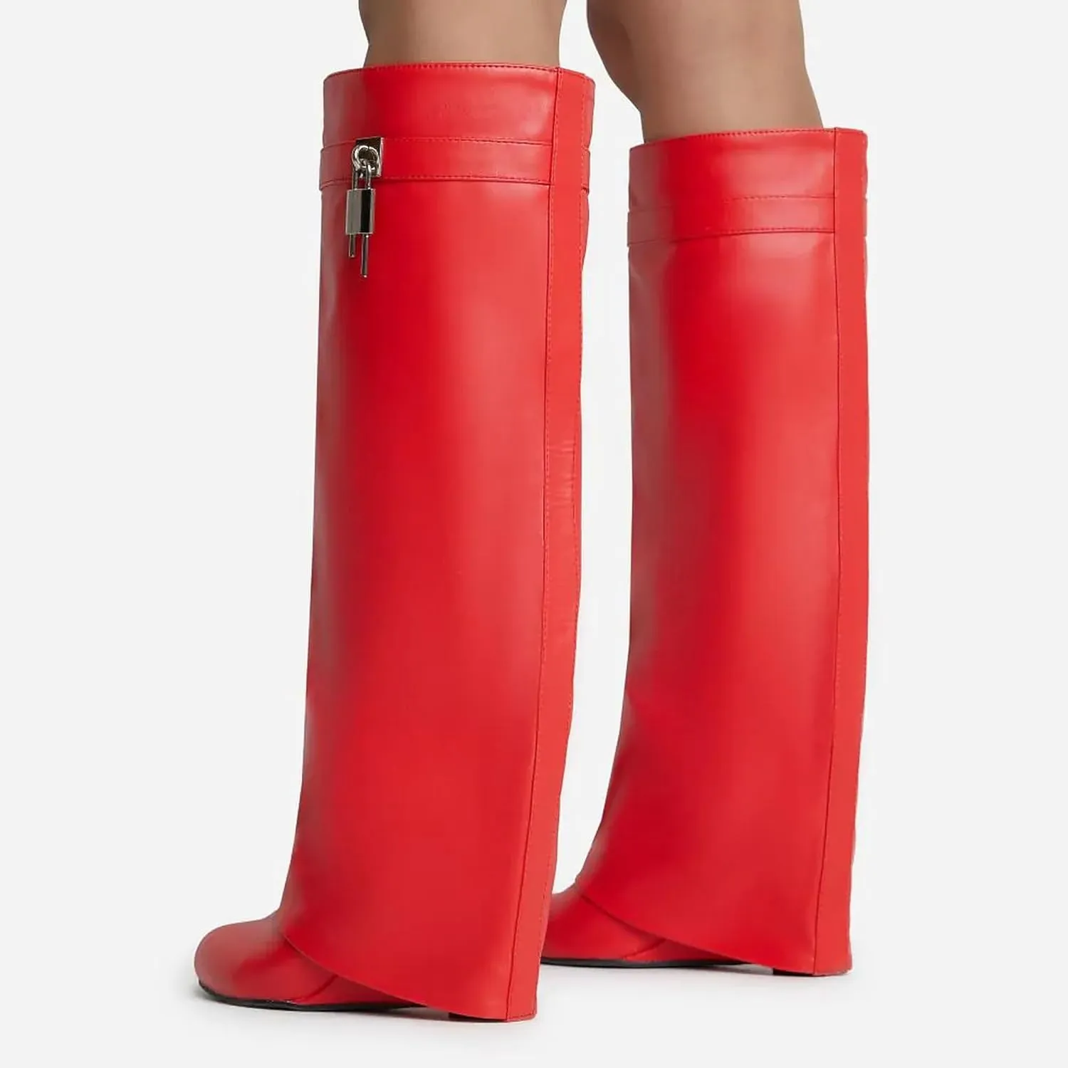 Women Fold Over Wedge Boots Padlock Knee High Fashion Pull On Boots
