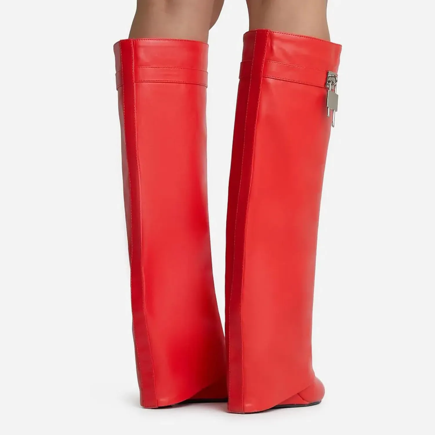 Women Fold Over Wedge Boots Padlock Knee High Fashion Pull On Boots