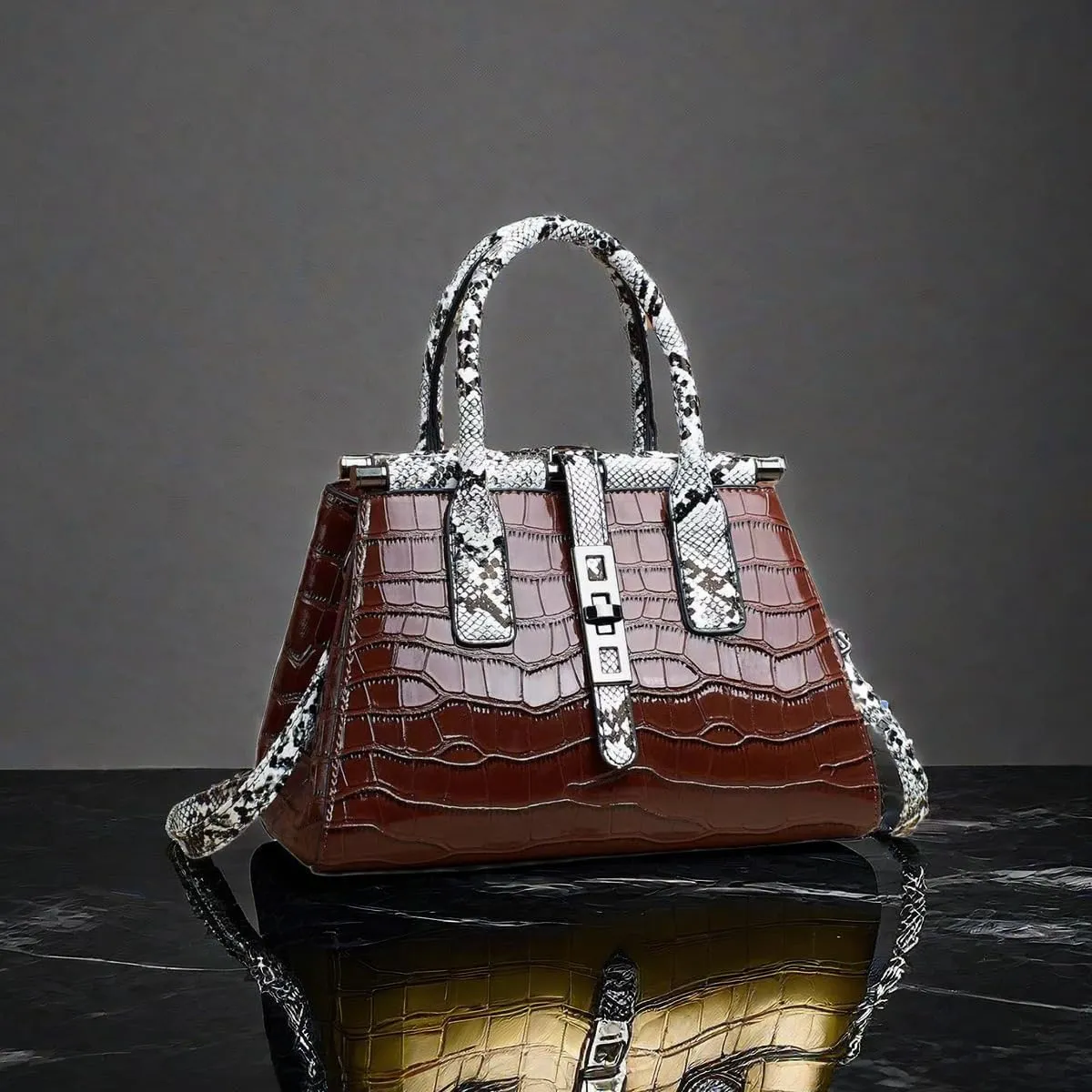 Women Patent Faux Leather Satchel Handbag Crocodile Tote Purse Snakeskin Handle Shoulder Bag,Gift for Wife/Mom