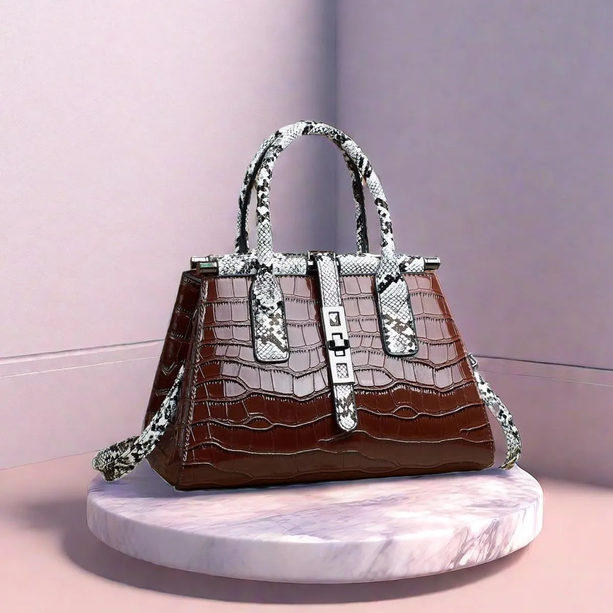 Women Patent Faux Leather Satchel Handbag Crocodile Tote Purse Snakeskin Handle Shoulder Bag,Gift for Wife/Mom