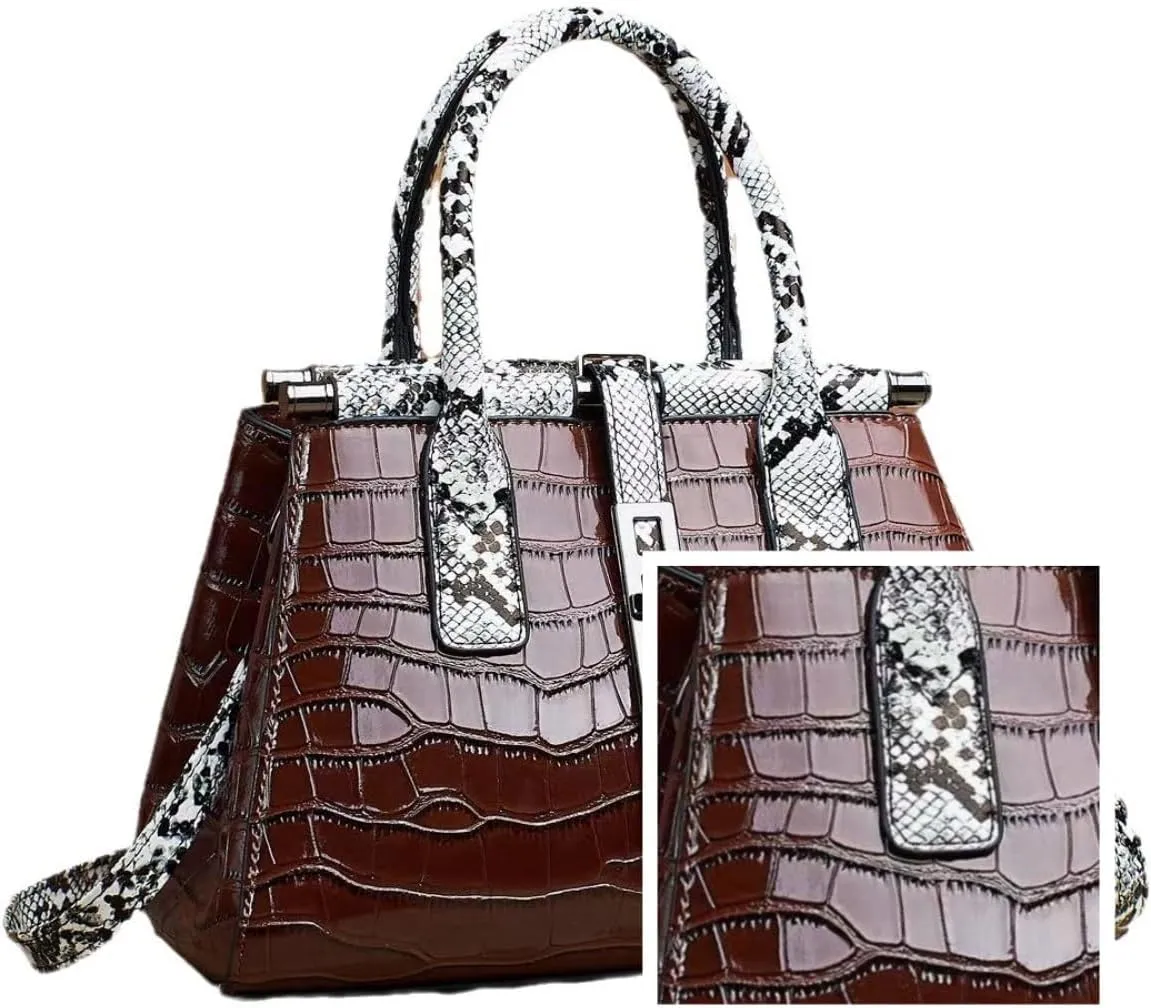 Women Patent Faux Leather Satchel Handbag Crocodile Tote Purse Snakeskin Handle Shoulder Bag,Gift for Wife/Mom