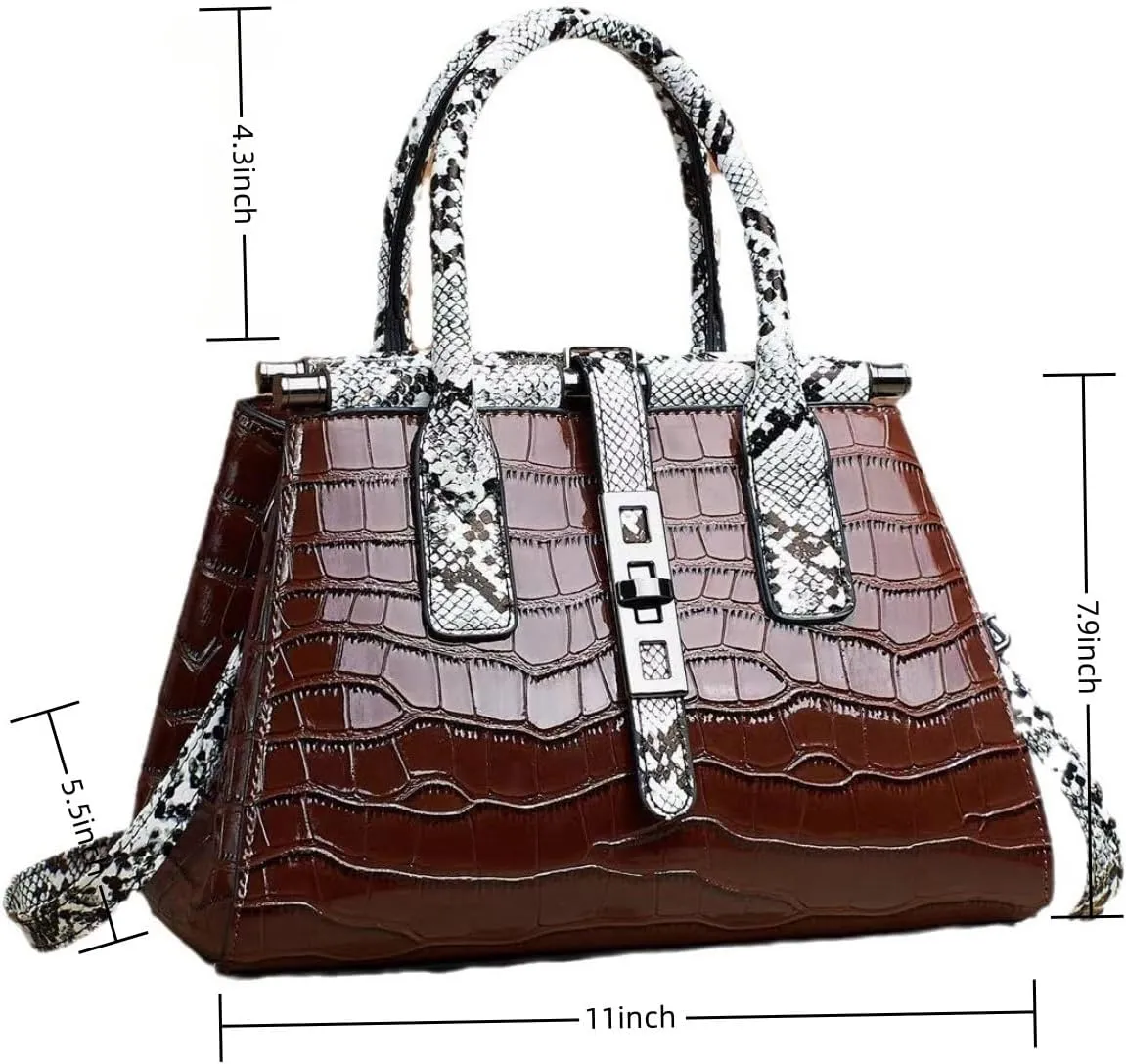 Women Patent Faux Leather Satchel Handbag Crocodile Tote Purse Snakeskin Handle Shoulder Bag,Gift for Wife/Mom