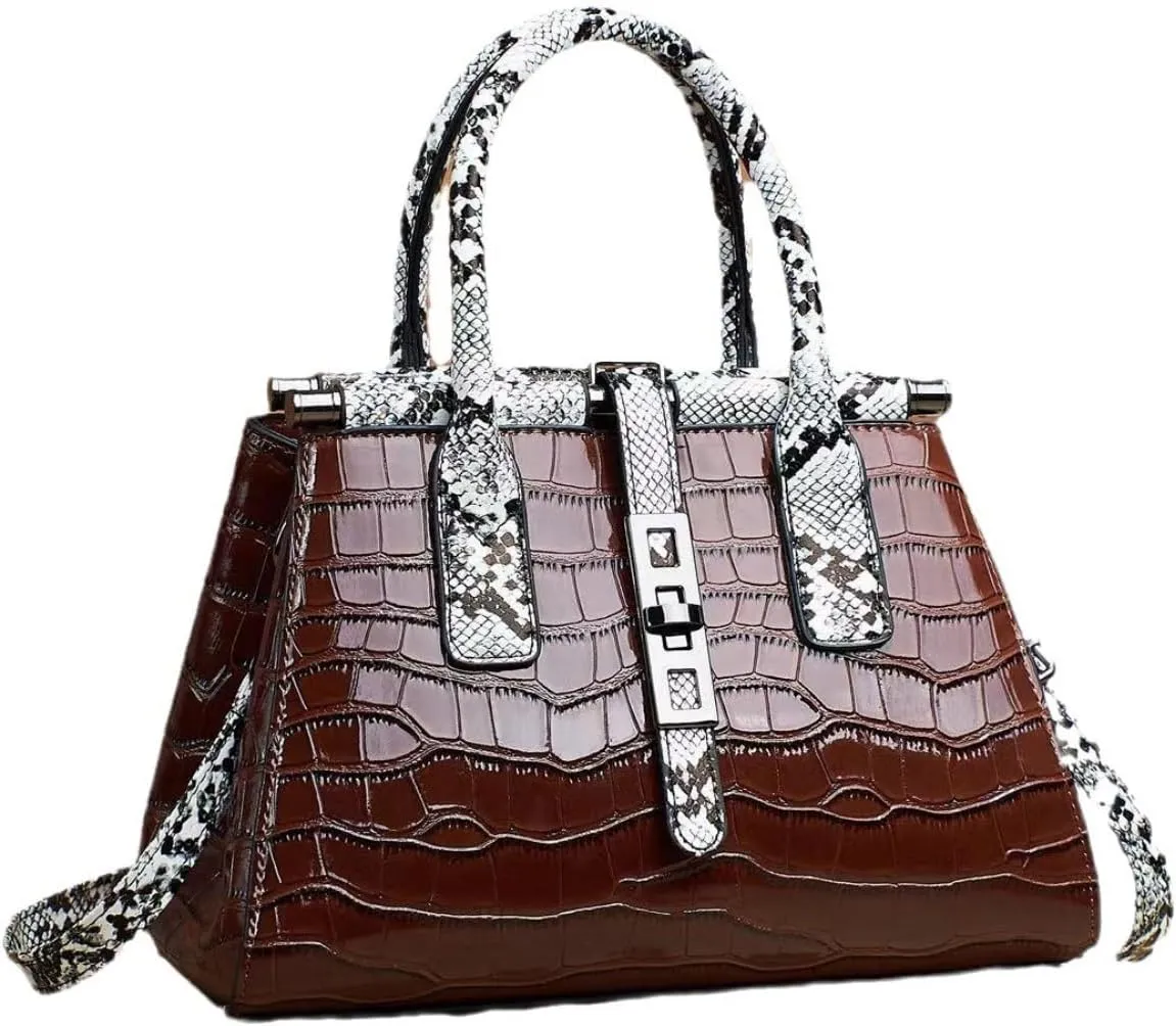 Women Patent Faux Leather Satchel Handbag Crocodile Tote Purse Snakeskin Handle Shoulder Bag,Gift for Wife/Mom