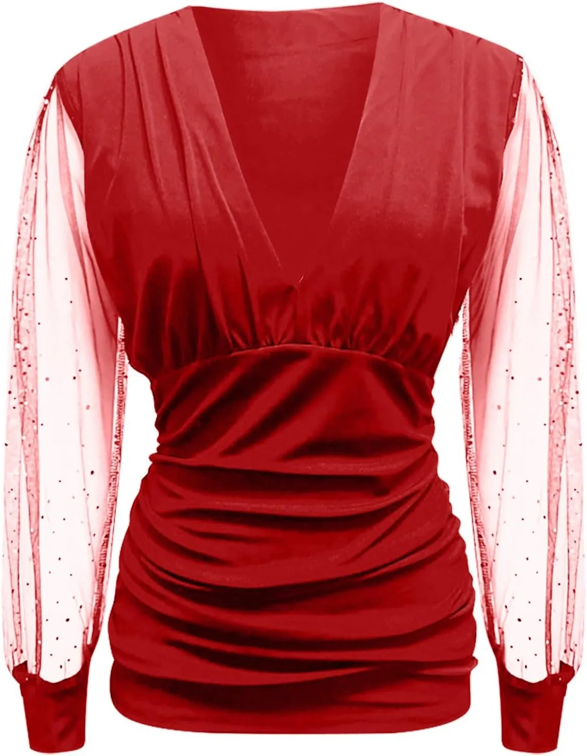Women Sexy Shirt 2025 Summer Long Lantern Sleeve Date Night Outfits Deep V Neck Lace Sequin Slim Fit Tops Blouse