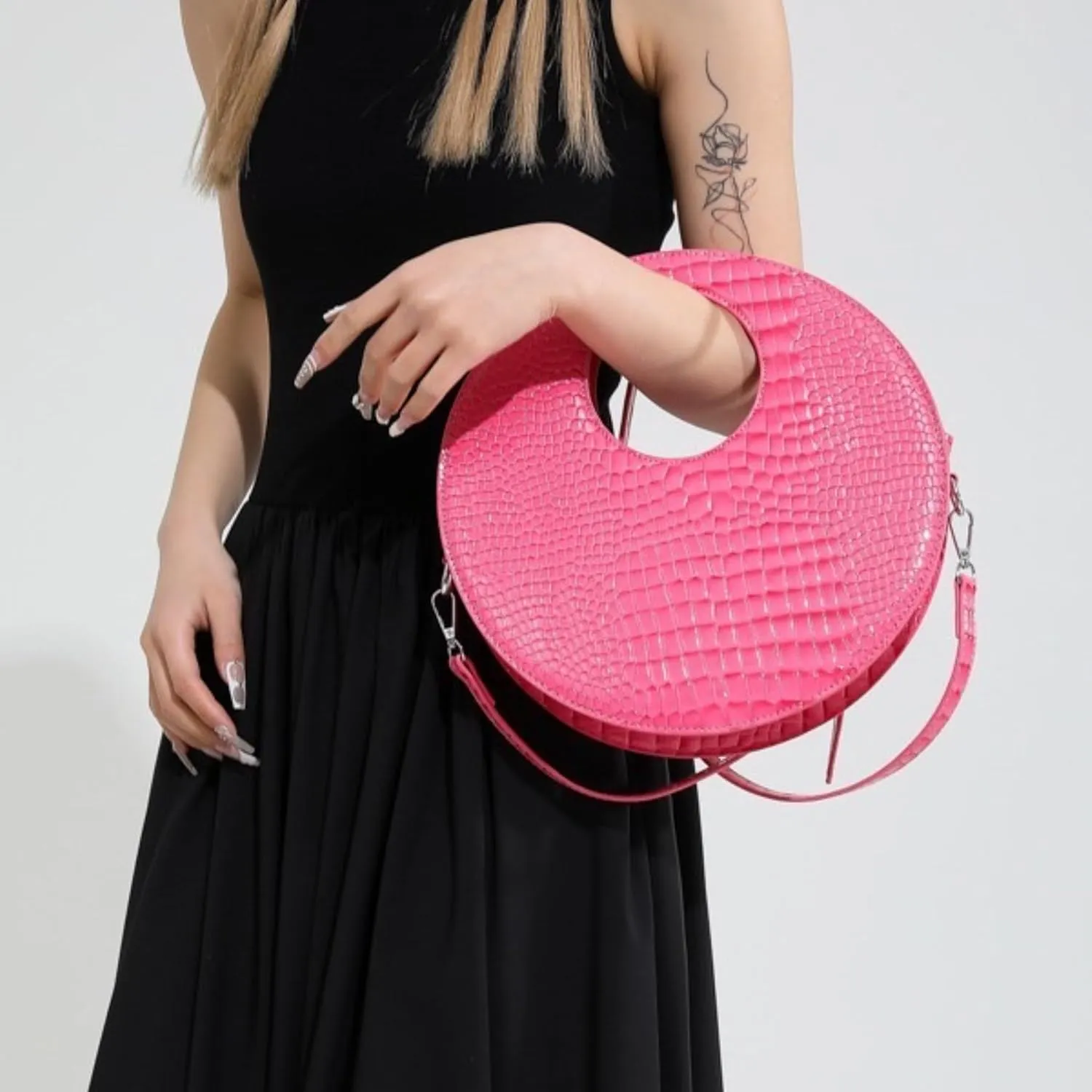 Women Vintage Faux Patent Leather Clutch Tote Minimalist Round Crocodile Pattern Commuting Shoulder Crossbody Bag