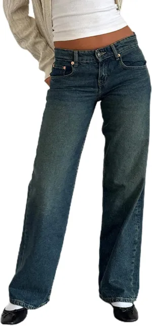 Women Y2K Low Rise Baggy Jeans Wide Leg Loose Fit Boyfriend Straight Leg Trendy Stretch Denim Pants Streetwear