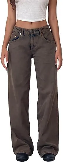 Women Y2K Low Rise Baggy Jeans Wide Leg Loose Fit Boyfriend Straight Leg Trendy Stretch Denim Pants Streetwear