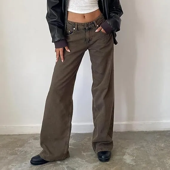 Women Y2K Low Rise Baggy Jeans Wide Leg Loose Fit Boyfriend Straight Leg Trendy Stretch Denim Pants Streetwear