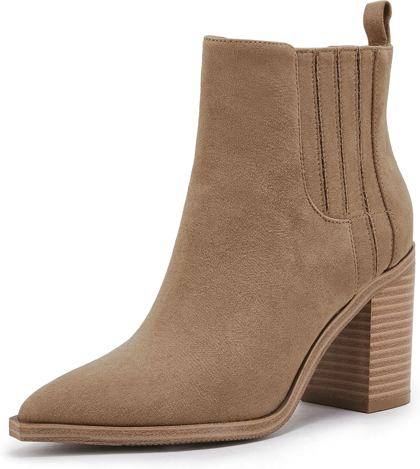 Womens Ankle Boots Slip on Pointed Toe Chunky Block Mid Heel Leather Elastic Panel Casual Chelsea Western Booties