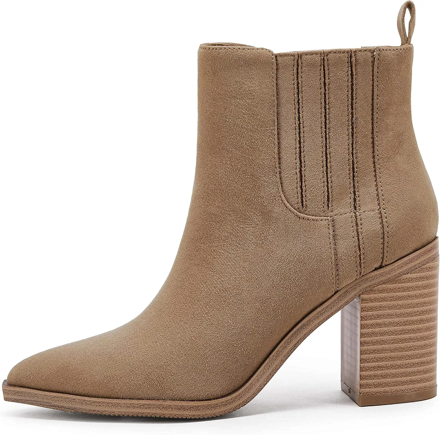 Womens Ankle Boots Slip on Pointed Toe Chunky Block Mid Heel Leather Elastic Panel Casual Chelsea Western Booties