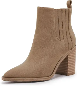 Womens Ankle Boots Slip on Pointed Toe Chunky Block Mid Heel Leather Elastic Panel Casual Chelsea Western Booties