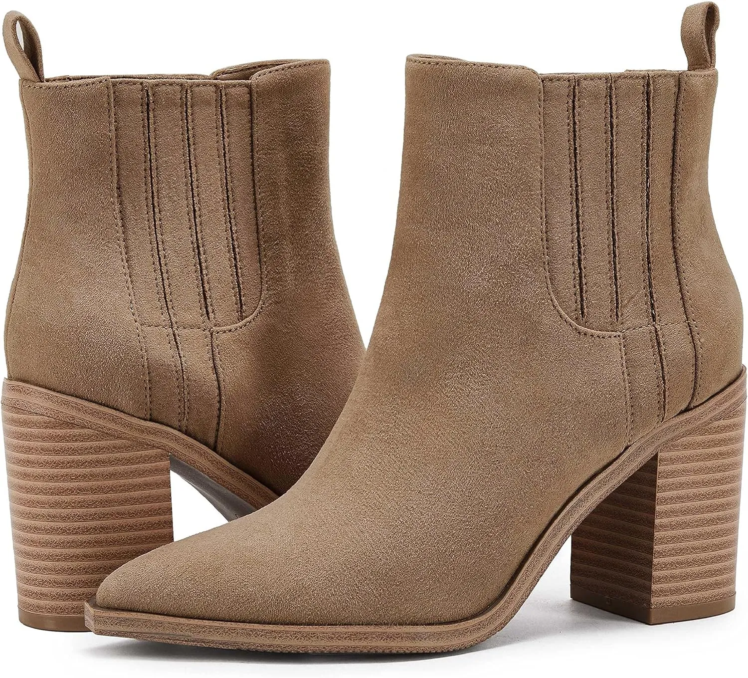 Womens Ankle Boots Slip on Pointed Toe Chunky Block Mid Heel Leather Elastic Panel Casual Chelsea Western Booties