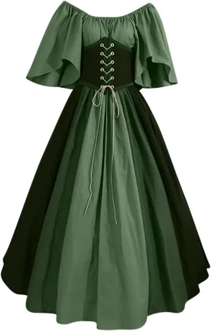 Womens Court Dress Fashion Vintage Medieval Crewneck Color Block Off-Shoulder Dress Plus Size Baggy Halloween Costume