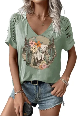 Womens Cut Out Cold Shoulder T Shirts Boho Floral Graphic Tshirts Nashville Country Lacerated Sleeve Cowgirls Tee Tops