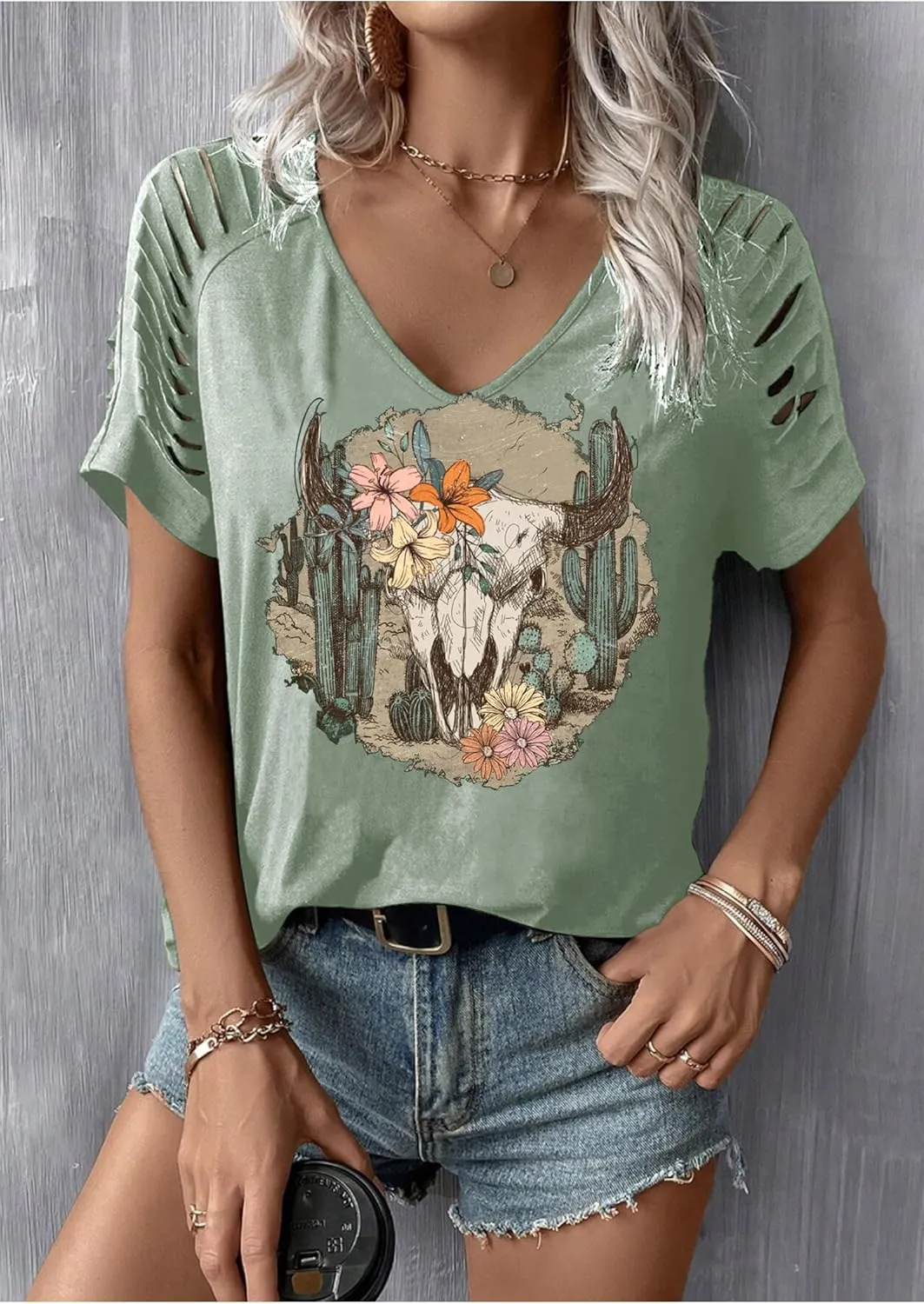 Womens Cut Out Cold Shoulder T Shirts Boho Floral Graphic Tshirts Nashville Country Lacerated Sleeve Cowgirls Tee Tops