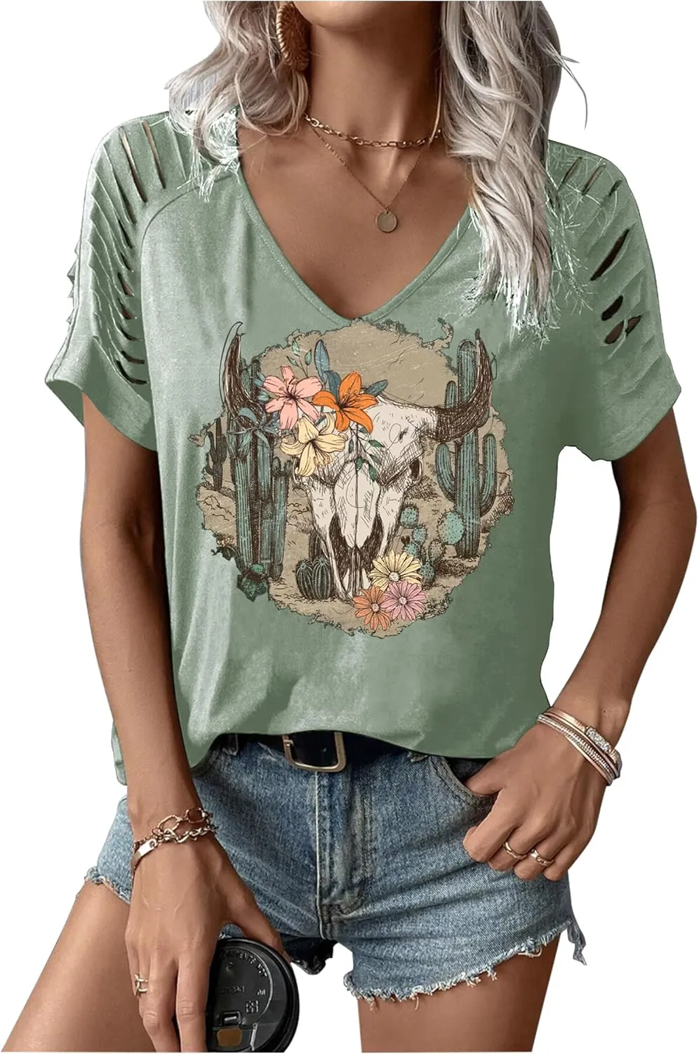Womens Cut Out Cold Shoulder T Shirts Boho Floral Graphic Tshirts Nashville Country Lacerated Sleeve Cowgirls Tee Tops